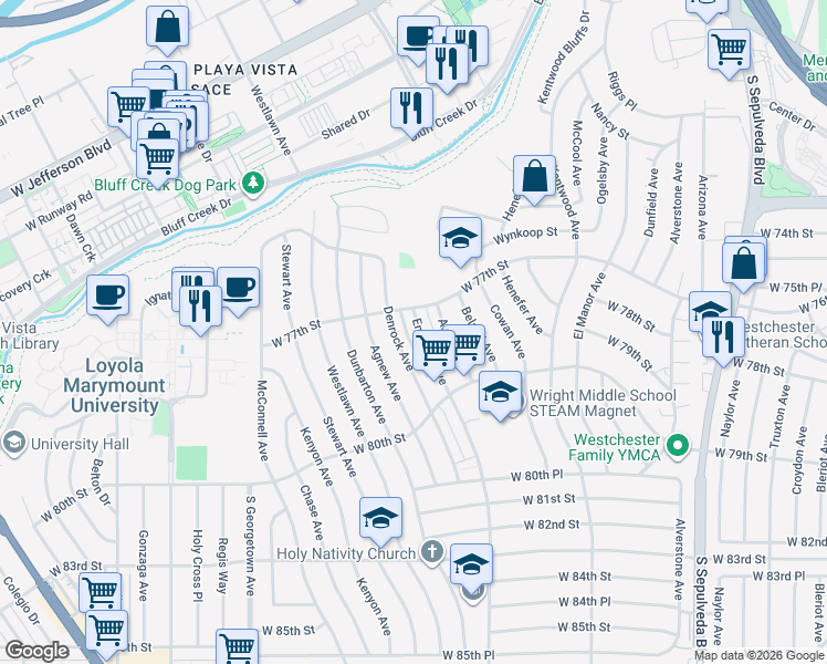 map of restaurants, bars, coffee shops, grocery stores, and more near 7801 Emerson Avenue in Los Angeles