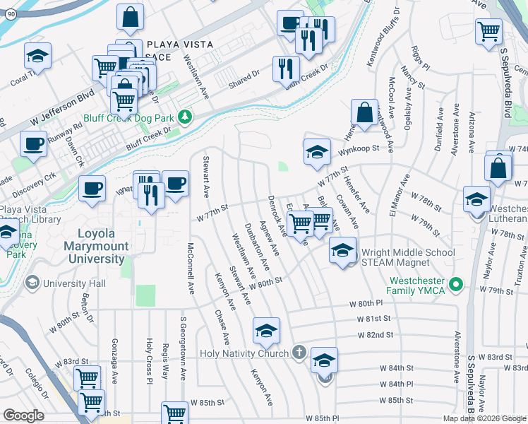map of restaurants, bars, coffee shops, grocery stores, and more near 7734 Agnew Avenue in Los Angeles