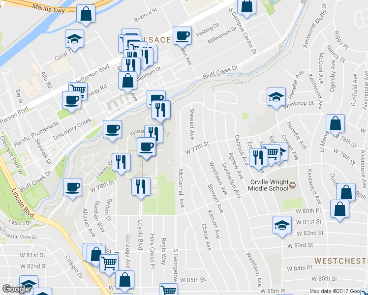 map of restaurants, bars, coffee shops, grocery stores, and more near 7584 McConnell Avenue in Los Angeles