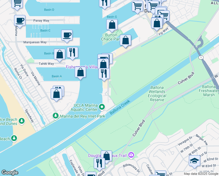 map of restaurants, bars, coffee shops, grocery stores, and more near 13837 Fiji Way in Marina del Rey