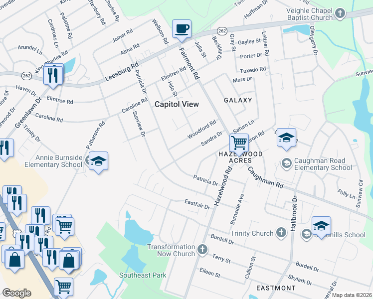 map of restaurants, bars, coffee shops, grocery stores, and more near 1640 Sandra Drive in Columbia