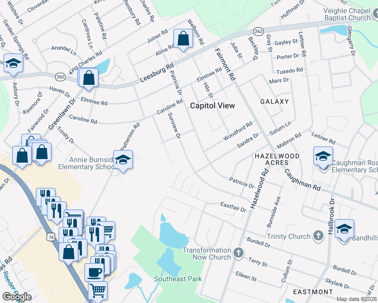map of restaurants, bars, coffee shops, grocery stores, and more near 7280 Sunview Drive in Columbia