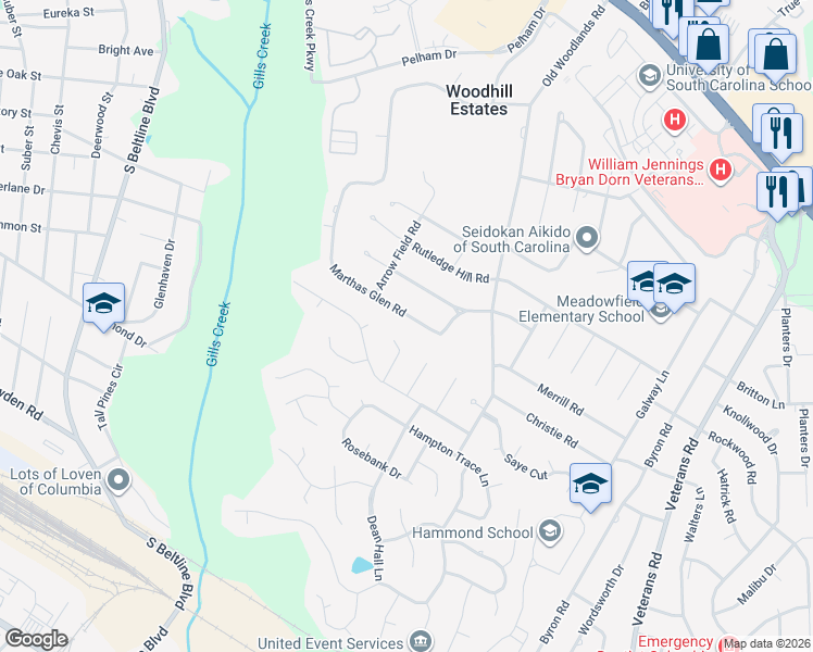 map of restaurants, bars, coffee shops, grocery stores, and more near 6136 Marthas Glen Road in Columbia