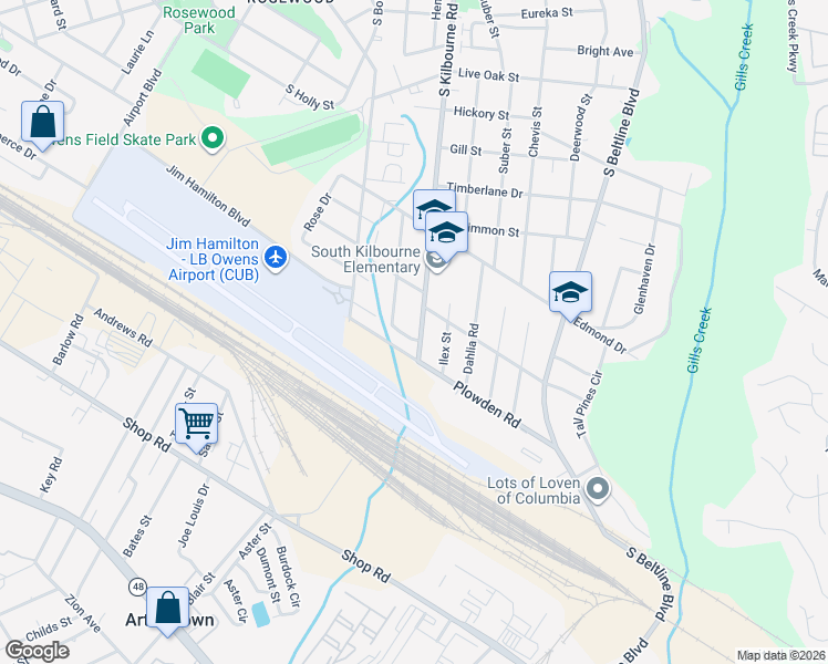 map of restaurants, bars, coffee shops, grocery stores, and more near 3722 Hydrangea Street in Columbia