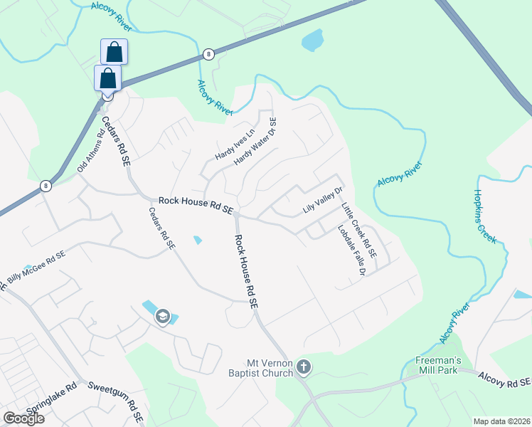 map of restaurants, bars, coffee shops, grocery stores, and more near 221 East Rock House Road in Lawrenceville