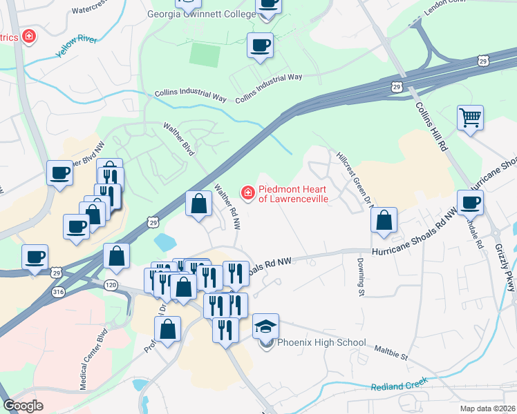 map of restaurants, bars, coffee shops, grocery stores, and more near 766 Walther Road Northwest in Lawrenceville