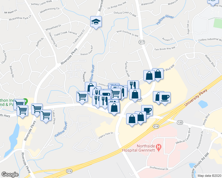 map of restaurants, bars, coffee shops, grocery stores, and more near 1027 Haley Woods Court in Lawrenceville