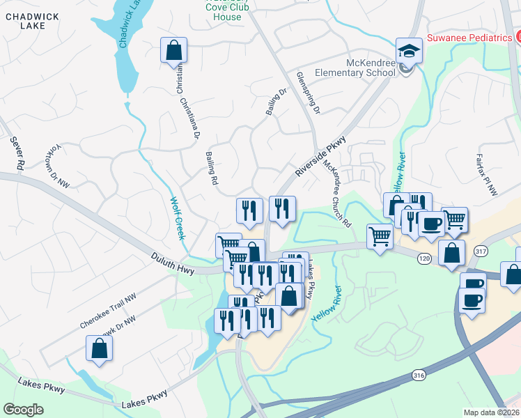 map of restaurants, bars, coffee shops, grocery stores, and more near 1076 Brown Duck Trail in Lawrenceville