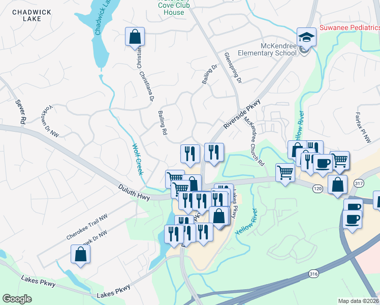 map of restaurants, bars, coffee shops, grocery stores, and more near 1076 Brown Duck Trail in Lawrenceville