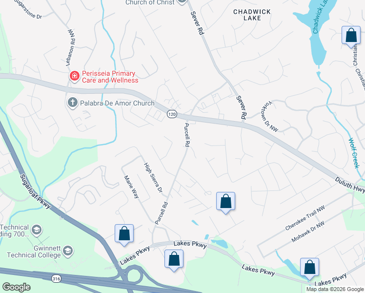map of restaurants, bars, coffee shops, grocery stores, and more near 1525 Purcell Road in Lawrenceville