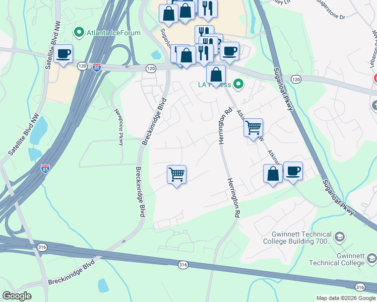 map of restaurants, bars, coffee shops, grocery stores, and more near 1767 Eric Circle in Lawrenceville