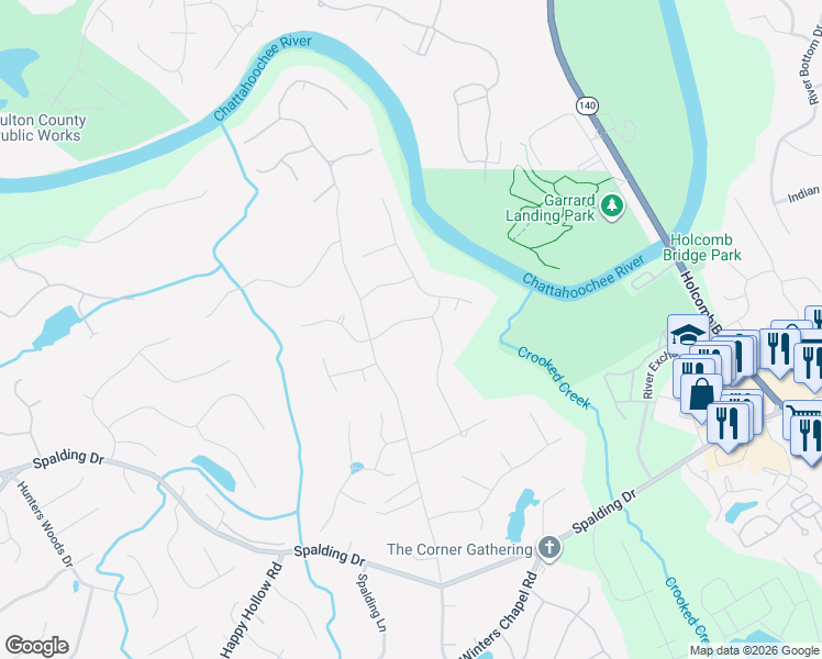 map of restaurants, bars, coffee shops, grocery stores, and more near 5035 Spruce Bluff Drive in Atlanta