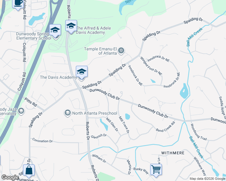 map of restaurants, bars, coffee shops, grocery stores, and more near 940 Dunwoody Club Drive in Atlanta