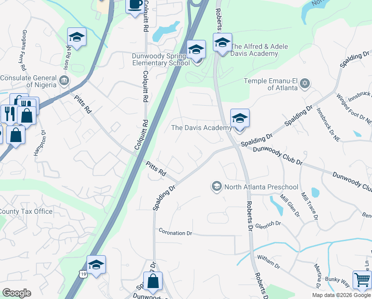 map of restaurants, bars, coffee shops, grocery stores, and more near 145 Spalding Springs Court in Atlanta
