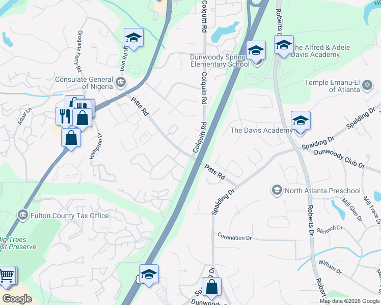 map of restaurants, bars, coffee shops, grocery stores, and more near 7870 Colquitt Road in Atlanta