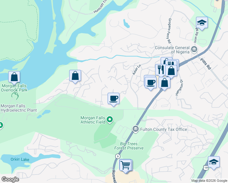 map of restaurants, bars, coffee shops, grocery stores, and more near 655 Coligny Court in Atlanta