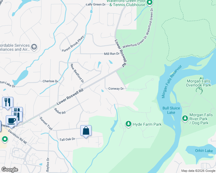 map of restaurants, bars, coffee shops, grocery stores, and more near 5460 Conway Drive in Marietta
