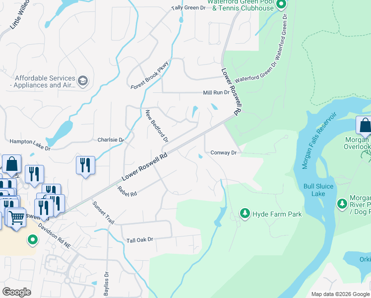 map of restaurants, bars, coffee shops, grocery stores, and more near 900 Forest Pond Drive in Marietta