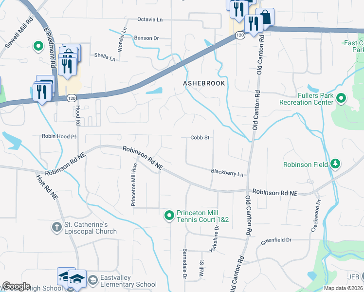 map of restaurants, bars, coffee shops, grocery stores, and more near 2841 Blackberry Lane in Marietta