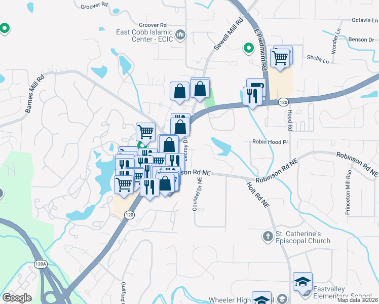 map of restaurants, bars, coffee shops, grocery stores, and more near 810 Lecroy Drive in Marietta