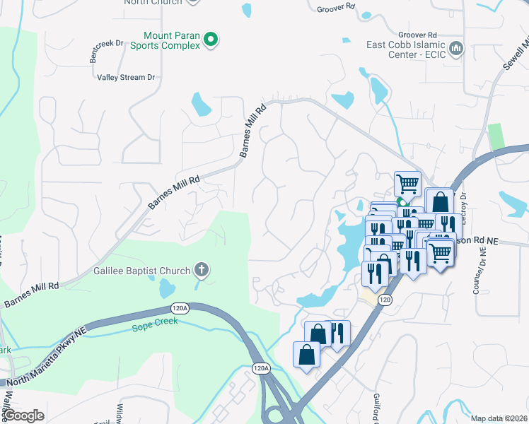 map of restaurants, bars, coffee shops, grocery stores, and more near 778 Oak Trail Drive in Marietta