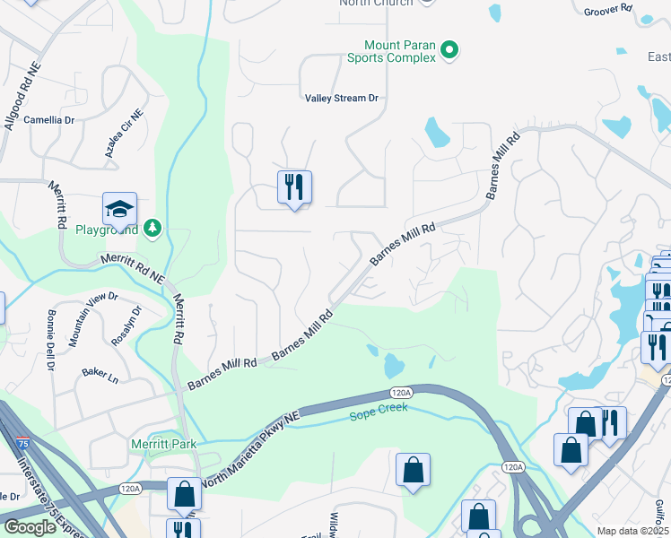 map of restaurants, bars, coffee shops, grocery stores, and more near 855 Cedar Bluff Court in Marietta