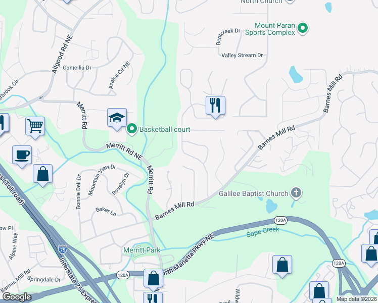 map of restaurants, bars, coffee shops, grocery stores, and more near 801 Soaring Drive Northeast in Marietta
