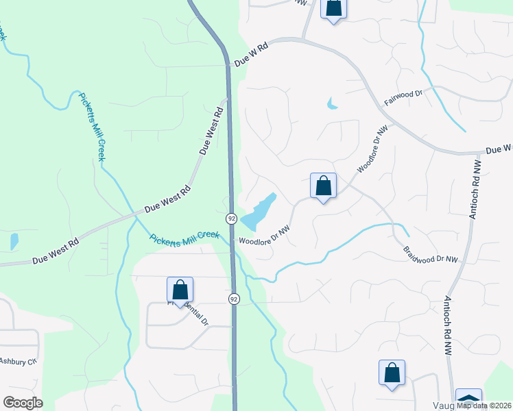 map of restaurants, bars, coffee shops, grocery stores, and more near 510 Woodlore Lane Northwest in Acworth