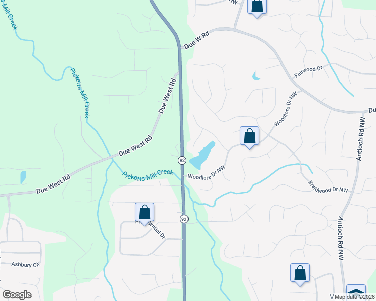 map of restaurants, bars, coffee shops, grocery stores, and more near 503 Woodlore Lane Northwest in Acworth