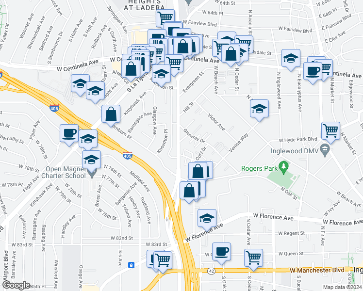 map of restaurants, bars, coffee shops, grocery stores, and more near 7116 South La Cienega Boulevard in Inglewood