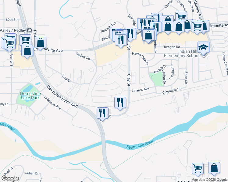 map of restaurants, bars, coffee shops, grocery stores, and more near 8284 Perada Street in Jurupa Valley