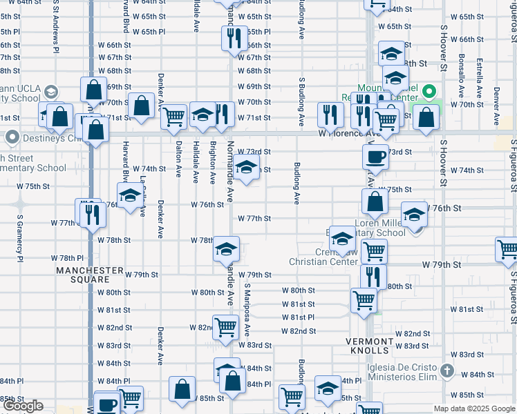 map of restaurants, bars, coffee shops, grocery stores, and more near 1310 West 76th Street in Los Angeles