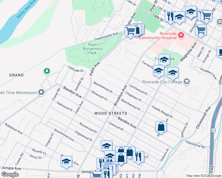 map of restaurants, bars, coffee shops, grocery stores, and more near 4241 Beechwood Place in Riverside