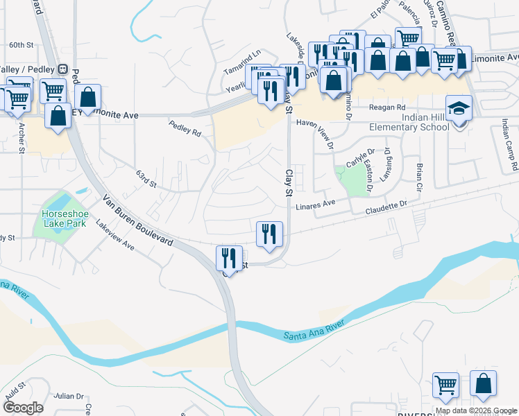 map of restaurants, bars, coffee shops, grocery stores, and more near 8283 Perada Street in Jurupa Valley