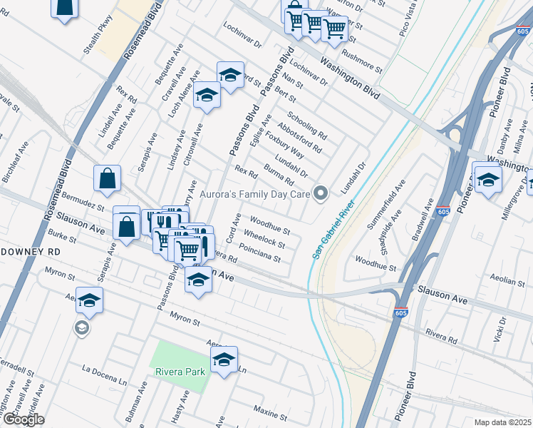 map of restaurants, bars, coffee shops, grocery stores, and more near 9549 Woodhue Street in Pico Rivera