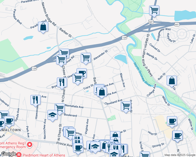 map of restaurants, bars, coffee shops, grocery stores, and more near 764 Barber Street in Athens