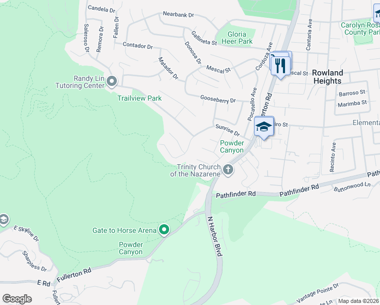 map of restaurants, bars, coffee shops, grocery stores, and more near 17934 Sunrise Drive in Rowland Heights