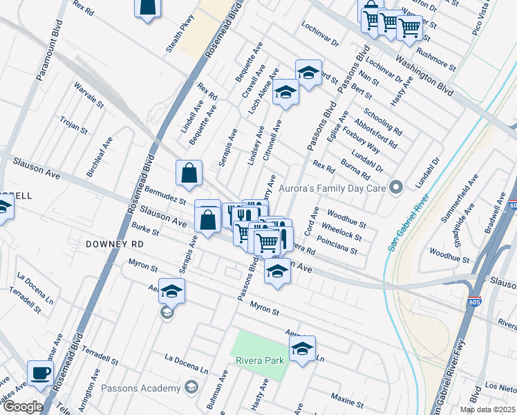 map of restaurants, bars, coffee shops, grocery stores, and more near 7569 Kilgarry Avenue in Pico Rivera