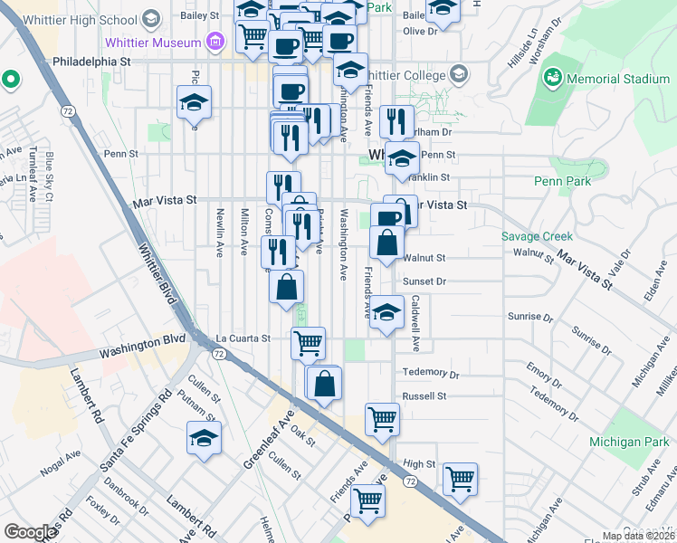 map of restaurants, bars, coffee shops, grocery stores, and more near 7739 Washington Avenue in Whittier