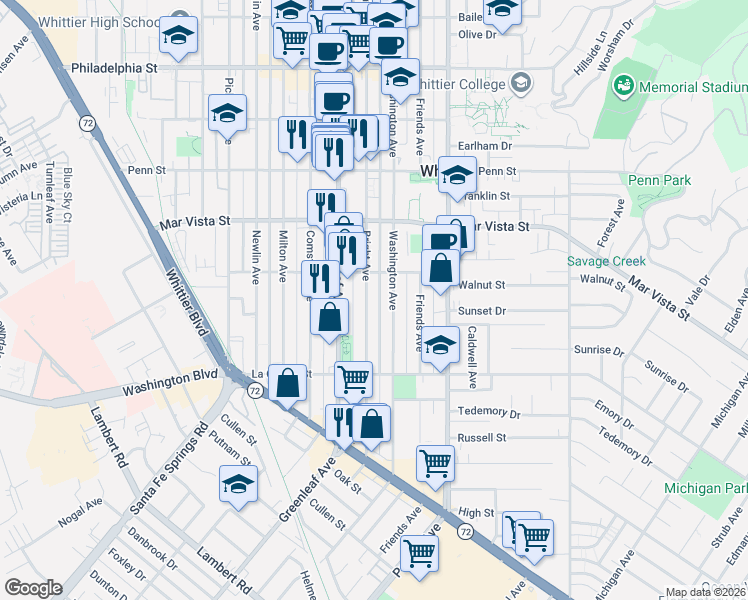 map of restaurants, bars, coffee shops, grocery stores, and more near 7732 Bright Avenue in Whittier