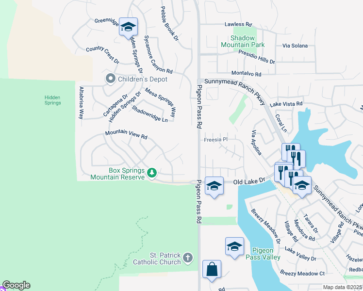 map of restaurants, bars, coffee shops, grocery stores, and more near 10298 Crossing Green Circle in Moreno Valley