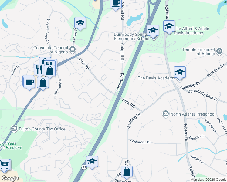 map of restaurants, bars, coffee shops, grocery stores, and more near 7870 Colquitt Road in Atlanta