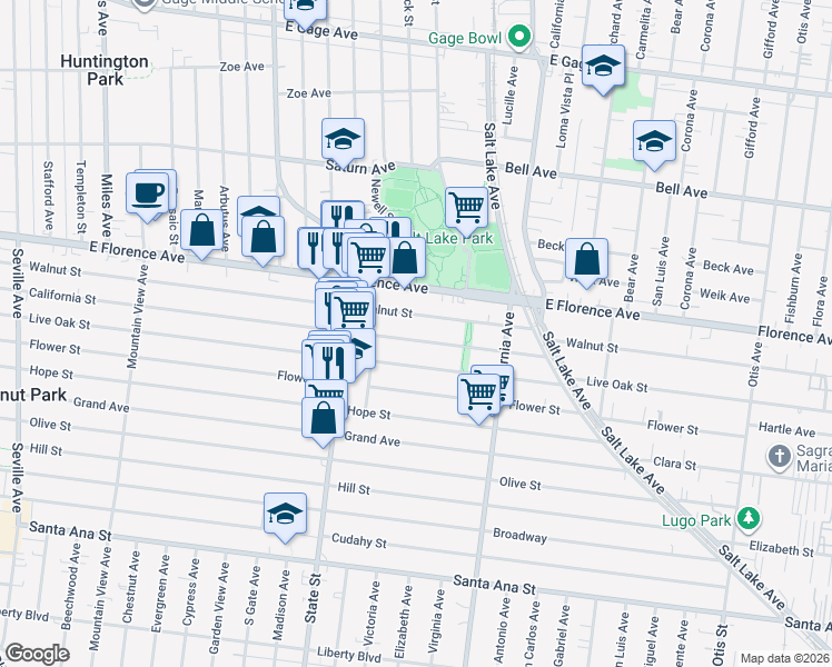 map of restaurants, bars, coffee shops, grocery stores, and more near 3332 California Street in Huntington Park
