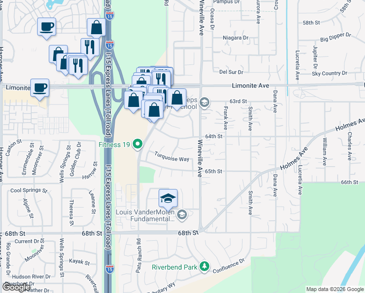 map of restaurants, bars, coffee shops, grocery stores, and more near 11868 Amethyst Court in Jurupa Valley