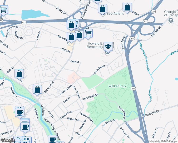 map of restaurants, bars, coffee shops, grocery stores, and more near 665 Fourth Street in Athens