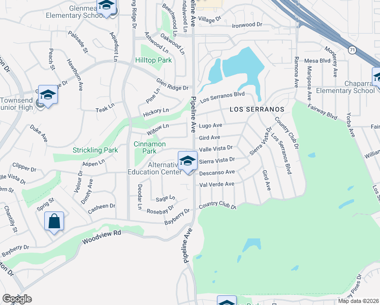 map of restaurants, bars, coffee shops, grocery stores, and more near 15547 Sandlewood Lane in Chino Hills