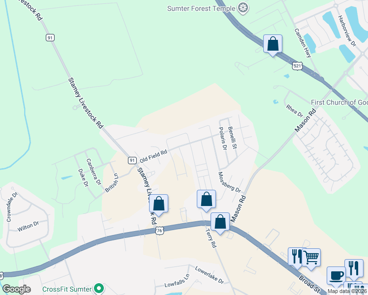 map of restaurants, bars, coffee shops, grocery stores, and more near 1774 Ruger Drive in Sumter