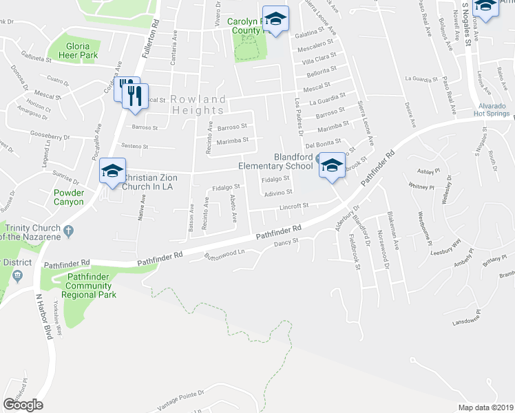 map of restaurants, bars, coffee shops, grocery stores, and more near 18517 Lincroft Street in La Puente