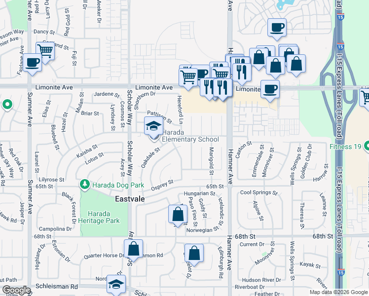map of restaurants, bars, coffee shops, grocery stores, and more near 6458 Cattleman Drive in Corona