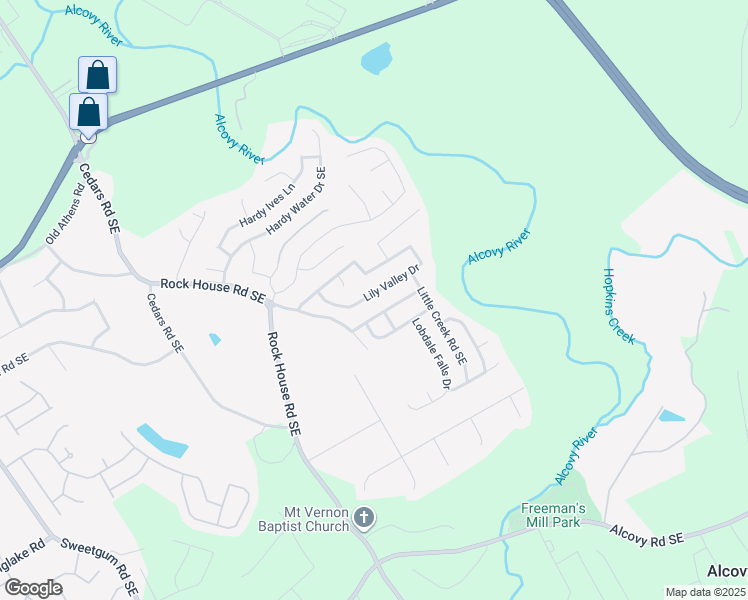 map of restaurants, bars, coffee shops, grocery stores, and more near 1422 Alcovy Falls Drive Southeast in Lawrenceville